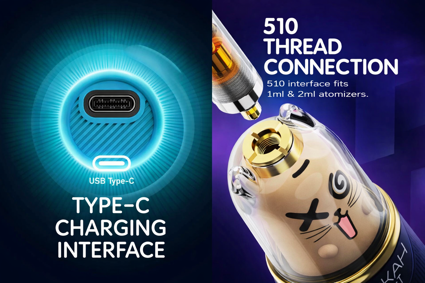 Lookah Cat 510 Thread Battery – Variable Voltage | USB-C Rechargeable | Portable Vape Pen | 650mAh